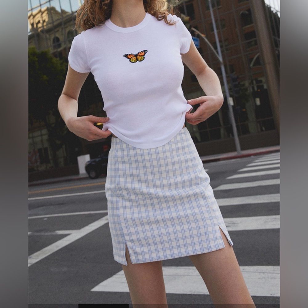 Brandy Melville Cara Plaid Mini Skirt in White/Blue size OS